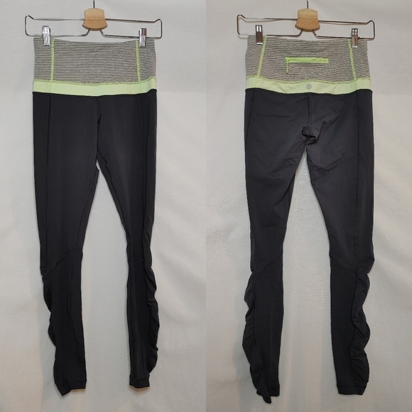 Lululemon‎ Leggings Size 6 Full Length Ruched Legs Yellow Green Accents Stripes - Picture 1 of 7